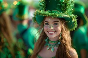 ai gegenereerd een jong vrouw in de heilige Patrick dag kostuum, vieren de carnaval in eer van nationaal Iers vakantie, Ierland festival Aan wazig achtergrond. st. Patrick dag concept. foto