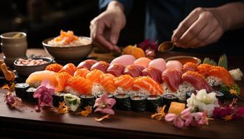 ai gegenereerd versheid Aan bord sushi, sashimi, zeevruchten, vis, rijst, culturen gegenereerd door ai foto