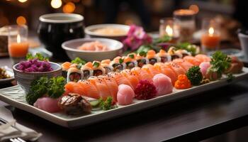 ai gegenereerd vers zeevruchten bord, gezond lunch met sushi, salade, en rijst- gegenereerd door ai foto