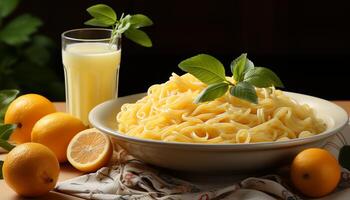 ai gegenereerd versheid en gezond aan het eten Aan een fijnproever pasta maaltijd gegenereerd door ai foto