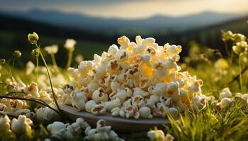 ai gegenereerd versheid van zomer weide geel bloemen, groen gras, natuur tussendoortje gegenereerd door ai foto