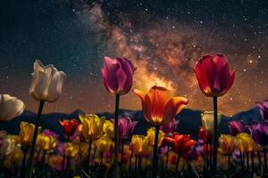 ai gegenereerd tulpen onder sterrenhemel nacht lucht foto