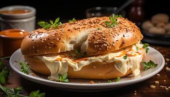 ai gegenereerd gegrild rundvlees hamburger Aan rustiek hout bord, klaar naar eten gegenereerd door ai foto