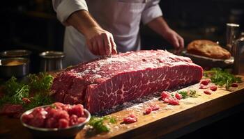 ai gegenereerd vers gekookt steak Aan een rustiek houten snijdend bord gegenereerd door ai foto
