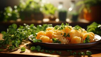 ai gegenereerd vers biologisch vegetarisch maaltijd Aan houten tafel met groen blad gegenereerd door ai foto