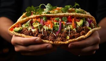 ai gegenereerd gegrild rundvlees taco, vers groenten, eigengemaakt guacamole, Mexicaans cultuur gegenereerd door ai foto