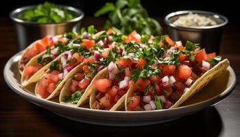 ai gegenereerd versheid en kruid Aan een tortilla, guacamole en vlees gegenereerd door ai foto