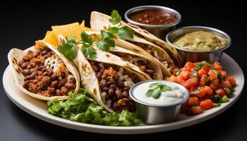 ai gegenereerd gegrild rundvlees taco met guacamole, tomaat, en koriander Aan flatbread gegenereerd door ai foto