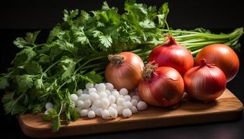 ai gegenereerd vers groenten Aan houten snijdend bord, gezond salade ingrediënten gegenereerd door ai foto