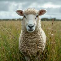 ai gegenereerd schapen looks Bij de camera in veld- foto