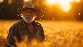 ai gegenereerd portret van senior boer staand in tarwe veld- Bij zonsondergang foto