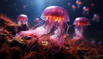 ai gegenereerd gloeiend vis zwemmen in diep blauw zee, presentatie van onderwater- schoonheid gegenereerd door ai foto