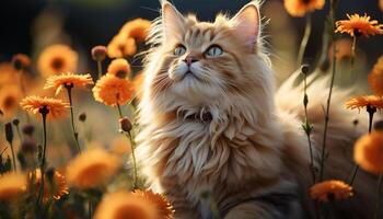 ai gegenereerd schattig katje zittend in gras, omringd door geel bloemen gegenereerd door ai foto