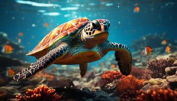 ai gegenereerd een mooi zee schildpad zwemmen in de kleurrijk koraal rif gegenereerd door ai foto