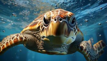 ai gegenereerd groot zee schildpad zwemmen onderwater, op zoek Bij camera gegenereerd door ai foto