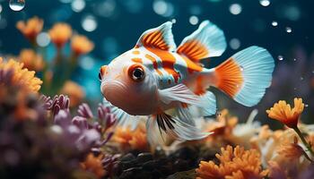 ai gegenereerd levendig gekleurde vis zwemmen in een mooi onderwater- rif gegenereerd door ai foto