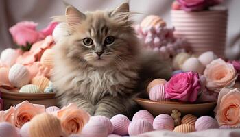ai gegenereerd pluizig katje zittend in een mand, omringd door roze bloemen gegenereerd door ai foto