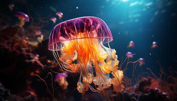 ai gegenereerd gloeiend onderwater- schoonheid vis, tentakels, en kleurrijk cnidarians zwemmen gegenereerd door ai foto