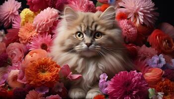 ai gegenereerd schattig katje zittend tussen bloemen, een speels en vers geschenk gegenereerd door ai foto