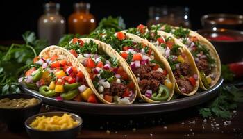 ai gegenereerd fijnproever taco bord vlees, guacamole, tomaat, koriander, groente, tortilla gegenereerd door ai foto