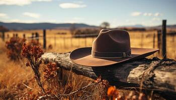 ai gegenereerd cowboy zittend buitenshuis, genieten van natuur schoonheid, vervelend rustiek rietje hoed gegenereerd door ai foto