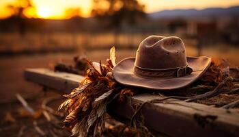 ai gegenereerd cowboy zittend in de Woud, genieten van de rustig herfst zonsondergang gegenereerd door ai foto