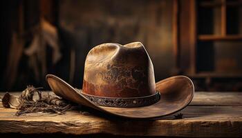 ai gegenereerd oud fashioned cowboy hoed Aan rustiek houten tafel, een tijdloos mode gegenereerd door ai foto