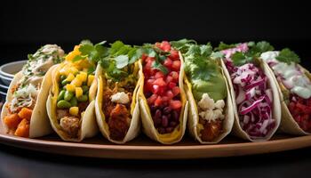 ai gegenereerd versheid Aan een bord gegrild rundvlees taco met guacamole gegenereerd door ai foto
