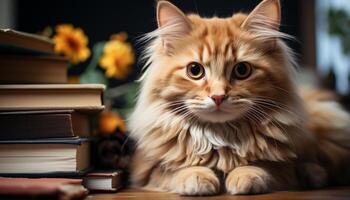 ai gegenereerd schattig katje zittend Aan tafel, op zoek Bij boek met nieuwsgierigheid gegenereerd door ai foto