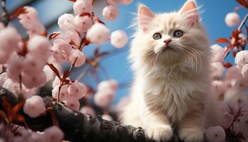 ai gegenereerd schattig katje zittend Aan tak, op zoek Bij roze bloem gegenereerd door ai foto