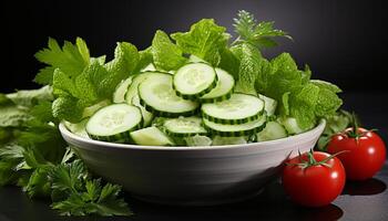 ai gegenereerd versheid van vegetarisch voedsel komkommer, tomaat, salade, peterselie, gezond aan het eten gegenereerd door ai foto