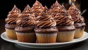 ai gegenereerd een bord van eigengemaakt chocola spaander muffins, een zoet verleiding gegenereerd door ai foto