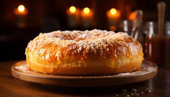 ai gegenereerd vers gebakken donuts Aan houten tafel, een zoet toegeeflijkheid gegenereerd door ai foto