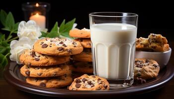 ai gegenereerd vers gebakken chocola spaander koekjes Aan een houten tafel gegenereerd door ai foto