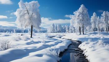 ai gegenereerd winter landschap sneeuw gedekt bergen, rustig Spar bomen, en ijzig water gegenereerd door ai foto