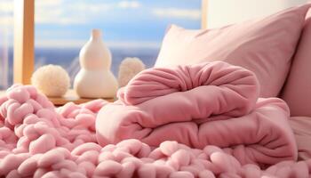 ai gegenereerd pluizig roze hoofdkussen brengt comfort en ontspanning naar slaapkamer gegenereerd door ai foto