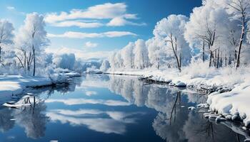 ai gegenereerd winter landschap sneeuw gedekt bomen in een rustig bevroren Woud gegenereerd door ai foto