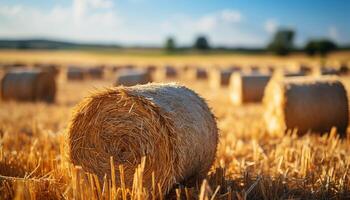 ai gegenereerd landelijk tafereel hooibergen in weide, gouden tarwe, blauw lucht gegenereerd door ai foto