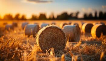 ai gegenereerd zonsondergang over- een landelijk boerderij, hooibergen rollen in gouden weiden gegenereerd door ai foto