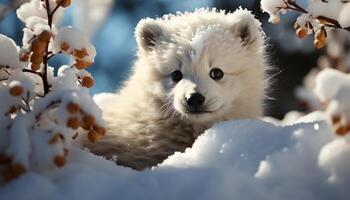 ai gegenereerd pluizig puppy spelen in de sneeuw, op zoek Bij camera gegenereerd door ai foto