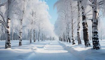 ai gegenereerd rustig winter landschap sneeuw gedekt Woud, ijzig takken, en helder zonlicht gegenereerd door ai foto