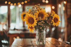 ai gegenereerd zonnebloemen in een vaas een tintje van natuur binnenshuis foto