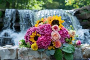 ai gegenereerd levendig bloemen arrangement door waterval foto