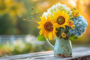ai gegenereerd zonnebloemen en hortensia buitenshuis bloemen Scherm foto