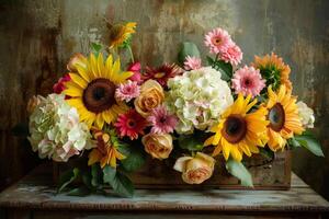 ai gegenereerd zonnebloem en gemengd bloemen rustiek arrangement foto