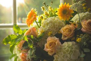 ai gegenereerd warm binnen- boeket met rozen en zonnebloemen foto