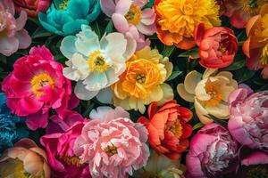 ai gegenereerd geassorteerd pioen bloemen in rijk kleuren foto
