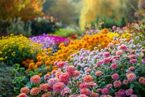 ai gegenereerd kleurrijk chrysant Scherm in herfst tuin instelling foto
