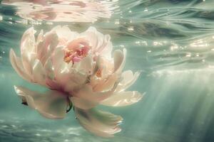 ai gegenereerd ondergedompeld lotus bloem in etherisch licht foto