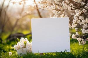 ai gegenereerd klein blanco wit uithangbord met schattig accessoires, voorjaar thema. ai generatief foto